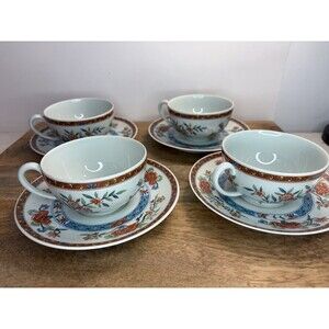 4 Rare Haviland Limoges France “Pate Celadon Au coq” Tea Cups & Saucers READ